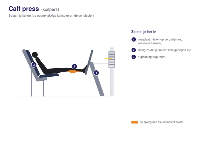 Calf press, schematisch, met de kuiten gearceerd