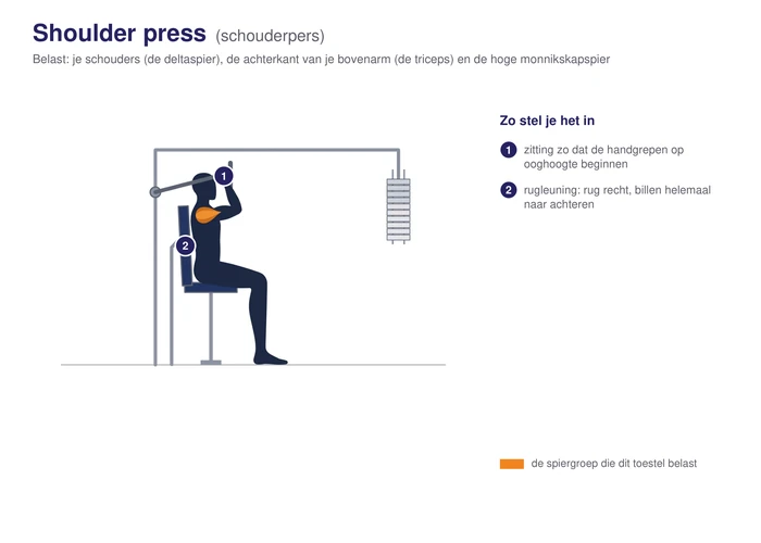 Shoulder press, schematisch, zittend met de handgrepen op ooghoogte en de armen omhoog, de deltaspier gearceerd