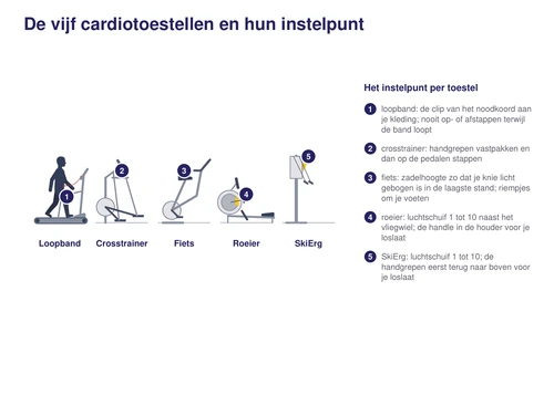 De vijf cardiotoestellen op een rij: loopband, crosstrainer, fiets, roeier en SkiErg, elk met zijn scherm
