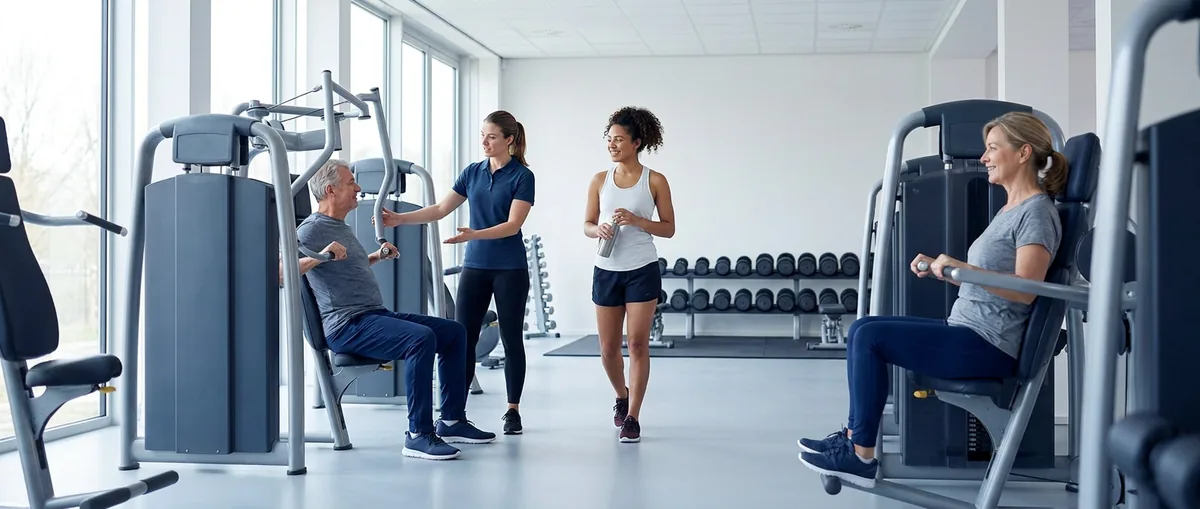 Een lichte, rustige sportschool met grote ramen: een instructeur legt een toestel uit aan een man op een armtoestel, een vrouw loopt met een bidon tussen de gewichtsstapel-toestellen door, en rechts traint een vrouw op een armtoestel, met de rekken dumbbells op de achtergrond