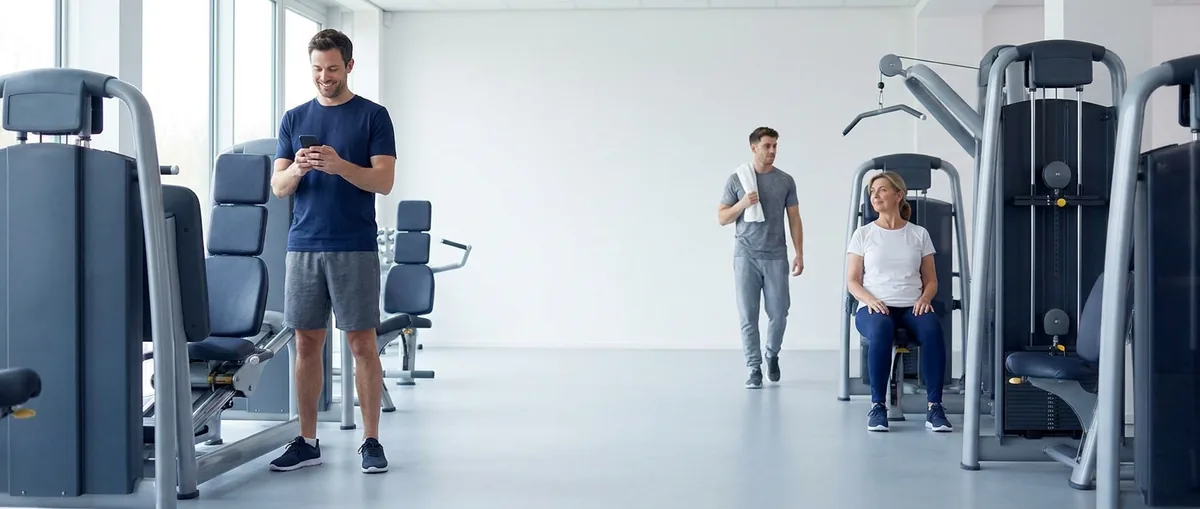 Een man kijkt op zijn telefoon tussen de toestellen, met op de achtergrond een vrouw die net is aangekomen en een andere vrouw die traint op een beentoestel: rustig je eigen weg vinden in de sportschool