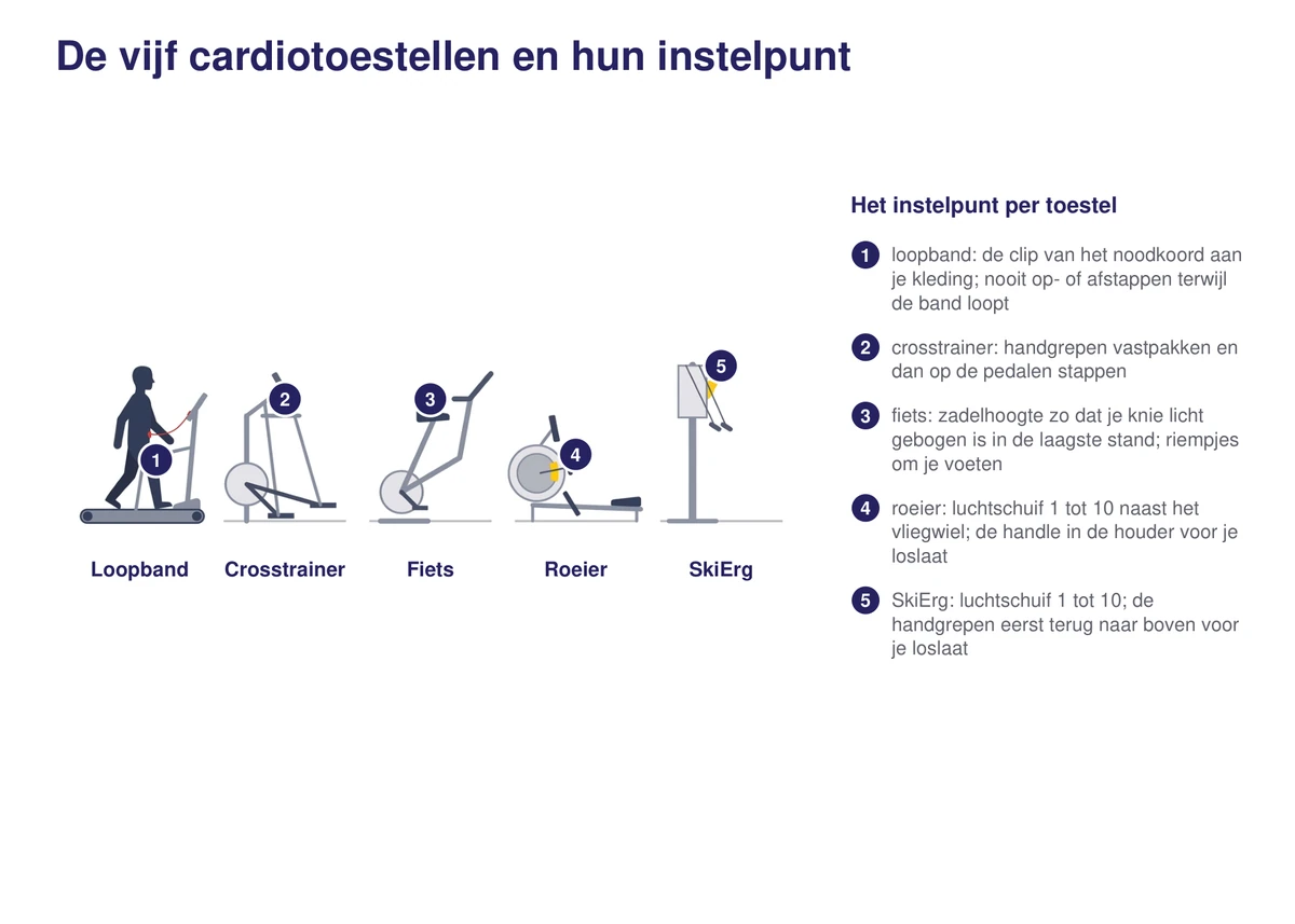 De vijf cardiotoestellen op een rij: loopband, crosstrainer, fiets, roeier en SkiErg, elk met zijn scherm